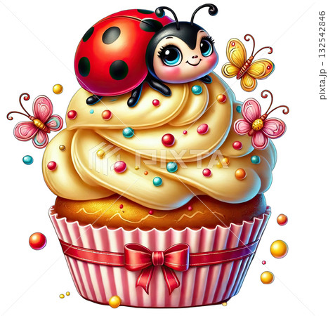 Colorful cupcake with a ladybug, butterflies, and sprinkles on a white background. Colorful cupcake with a ladybug, butterflies, and sprinkles on a white background. 132542846