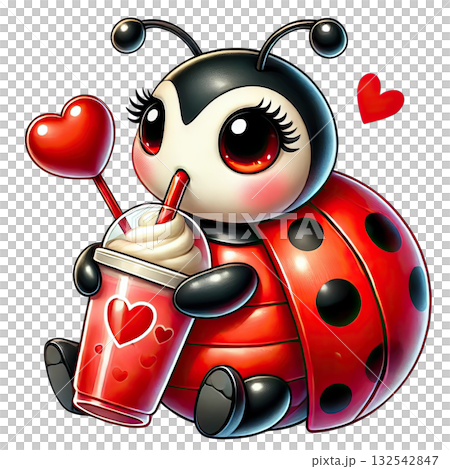 Cute ladybug character enjoying a drink with hearts, colorful and cheerful. 132542847