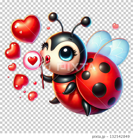 Cute ladybug character with hearts and a lollipop, colorful design. 132542849