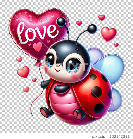 Cute ladybug holding a love balloon with hearts, white isolate background. 132542851