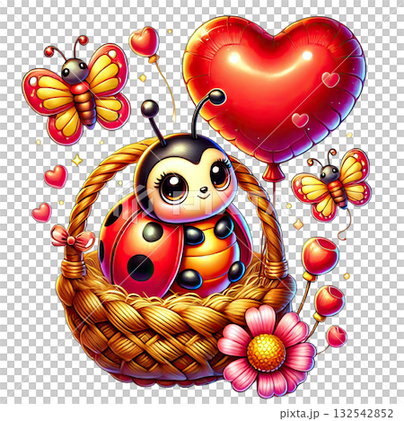 Cute ladybug in a basket with butterflies and heart-shaped balloons, colorful design. 132542852