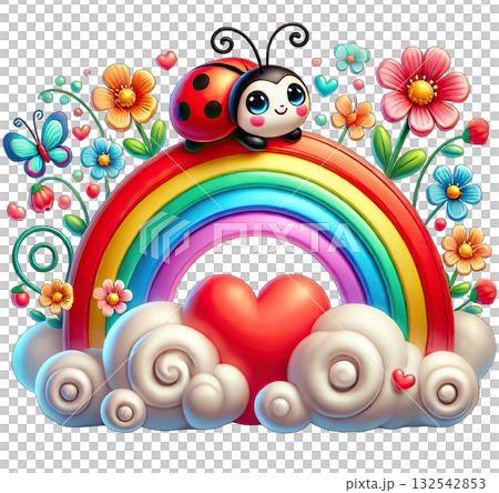 Cute ladybug on rainbow surrounded by flowers and hearts, vibrant colors. 132542853