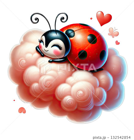Cute ladybug resting on a fluffy cloud with hearts, whimsical and joyful design. Cute ladybug resting on a fluffy cloud with hearts, whimsical and joyful design. 132542854