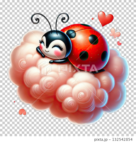 Cute ladybug resting on a fluffy cloud with hearts, whimsical and joyful design. 132542854