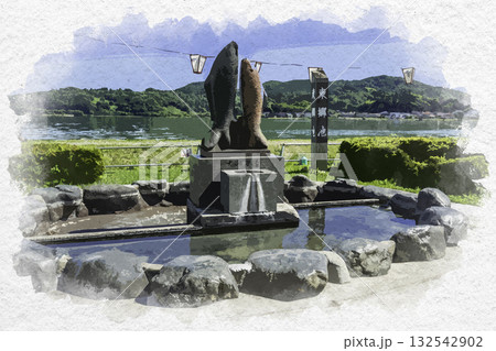 水彩画風　東郷温泉　東郷湖畔公園　こいの湯　毘沙門天の湯　鳥取県湯梨浜町 132542902