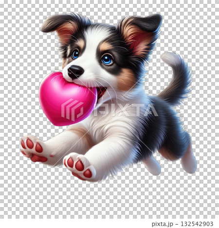 A playful puppy happily carrying a pink heart-shaped toy, isolated on white. A playful puppy happily carrying a pink heart-shaped toy, isolated on white. 132542903