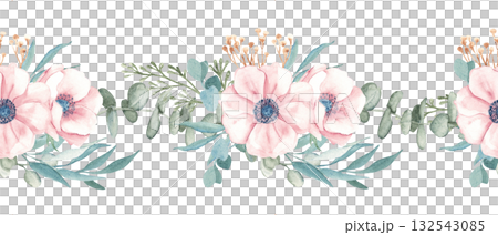 Watercolor seamless floral border with pink anemone, eucalyptus leaves, and dry twigs. Hand painted botanical pattern for invitation, greeting card, or packaging. 132543085