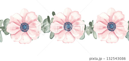 Seamless watercolor floral border with pink anemone flowers and eucalyptus leaves. Hand painted botanical pattern for wedding and greeting cards. Seamless watercolor floral border with pink anemone flowers and eucalyptus leaves. Hand painted botanical pattern for wedding and greeting cards. 132543086