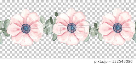 Seamless watercolor floral border with pink anemone flowers and eucalyptus leaves. Hand painted botanical pattern for wedding and greeting cards. 132543086
