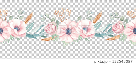 Hand drawn watercolor floral seamless border, pattern with pink anemone, rose, eucalyptus and dry plants. Perfect for wedding invitation, card, or greeting design. 132543087