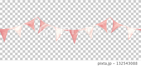 Watercolor pink bunting garland seamless border, pattern. Hand painted baby shower, birthday decoration for girl party, nursery wall print or invitation, cards, templates background. 132543088