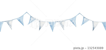 Watercolor blue bunting garland seamless border, pattern. Hand painted baby shower, birthday decoration for boy party, nursery wall print or invitation, cards, templates background. Watercolor blue bunting garland seamless border, pattern. Hand painted baby shower, birthday decoration for boy party, nursery wall print or invitation, cards, templates background. 132543089