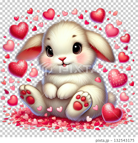 Cute white bunny surrounded by hearts and pink petals on white background. Cute white bunny surrounded by hearts and pink petals on white background. 132543175
