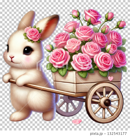 A cute bunny carrying a cart filled with pink roses on a white background. A cute bunny carrying a cart filled with pink roses on a white background. 132543177