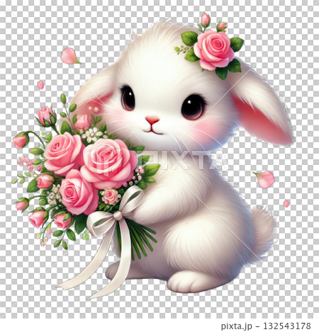Cute bunny holding a bouquet of pink roses with a charming floral crown. 132543178