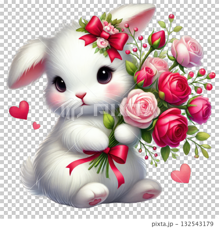 Cute bunny holding a bouquet of pink roses with hearts around, white isolate background 132543179