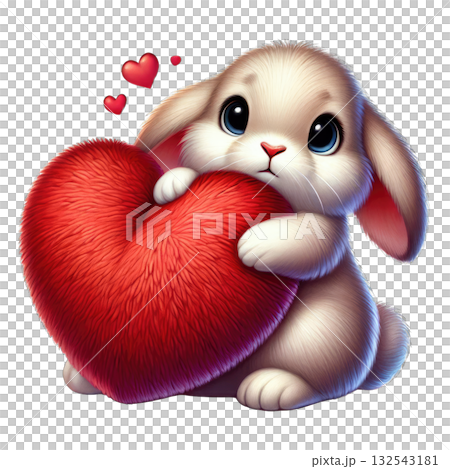 Cute bunny holding a red heart with love symbols around it. 132543181