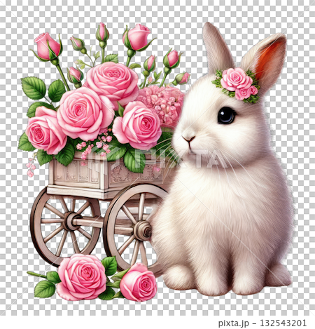 Cute rabbit sitting beside a cart filled with pink roses, white isolate background. Cute rabbit sitting beside a cart filled with pink roses, white isolate background. 132543201