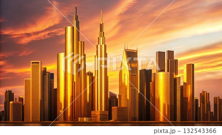 A futuristic city skyline at sunset with golden sunlight reflecting off the skyscrapers creating beauty 132543366