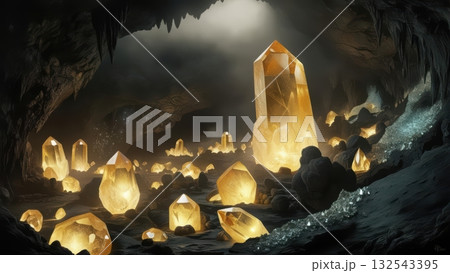 Spectacular cave filled with abundant glowing crystals and a magical aura of natural wonder 132543395