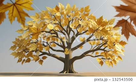 Artistic rendering of a tree with golden leaves symbolizing different routes to success and abundance 132543500