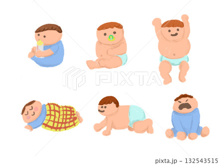 おむつをはいた赤ちゃんのイラストセット　男の子 132543515