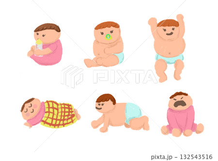 おむつをはいた赤ちゃんのイラストセット　女の子 132543516