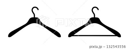 Hanger wardrobe icon set. Cloakroom black silhouette simple pictogram collection. Clothes rack, service symbol. Dry cleaning pattern, clothing store flat sign. 132543556