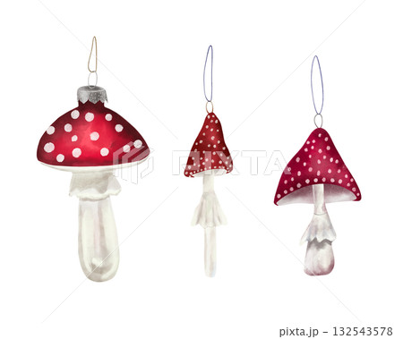 Watercolor illustration of New Year's and Christmas tree decorations: toadstools. Mushroom decorations.  132543578