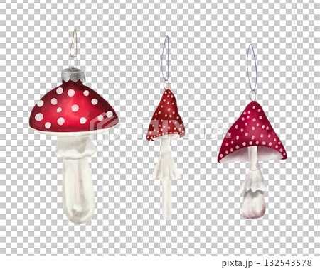 Watercolor illustration of New Year's and Christmas tree decorations: toadstools. Mushroom decorations.  132543578
