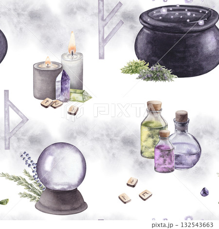 Watercolor seamless pattern with magical items. Cauldron, crystal ball, candles, potions, crystals, runes and herbs. Hand drawn illustration. For design of various products, printing, textile 132543663
