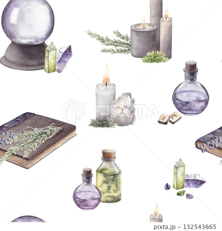 Watercolor seamless pattern with magical items. Crystal ball, candles, potions, crystals, runes and herbs. Hand drawn illustration. For design, printing, textile 132543665