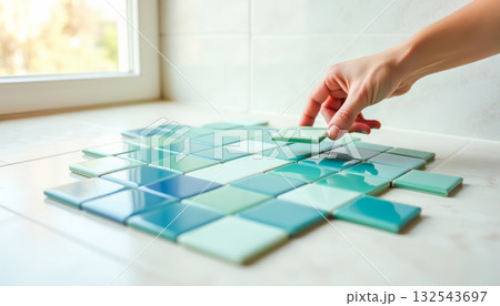 Glossy turquoise and blue tiles being arranged by hand near sunlit window. Perfect for promoting interior renovation, DIY tiling projects, or showcasing high-quality finishing materials Glossy turquoise and blue tiles being arranged by hand near sunlit window. Perfect for promoting interior renovation, DIY tiling projects, or showcasing high-quality finishing materials 132543697