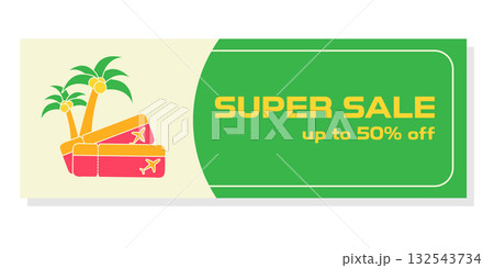 This travel promotion features two tickets, palm trees, and a discount of up to 50 percent off. A flyer for travel agencies and tour operators offers vacation deals. 132543734