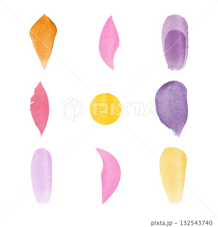 A grid of nine watercolor shapes in various colors. The shapes resemble flower petals, brushstrokes, and abstract forms, displayed against a clean, white background. A grid of nine watercolor shapes in various colors. The shapes resemble flower petals, brushstrokes, and abstract forms, displayed against a clean, white background. 132543740