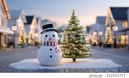 A festive snowman and Christmas tree stand in a charming snow dusted village square at twilight illuminated by warm holiday A festive snowman and Christmas tree stand in a charming snow dusted village square at twilight illuminated by warm holiday 132543771