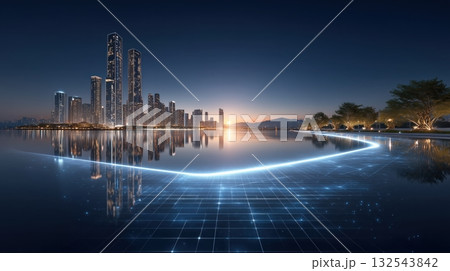 Futuristic Cityscape at Dusk with Digital Grid Reflection Futuristic Cityscape at Dusk with Digital Grid Reflection 132543842