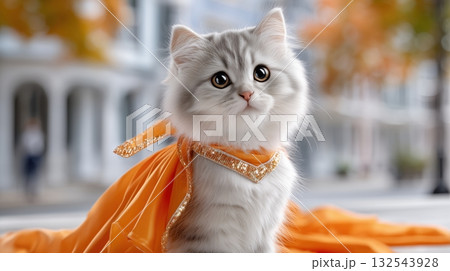 Adorable gray kitten wearing a sparkly orange cape outdoors Adorable gray kitten wearing a sparkly orange cape outdoors 132543928