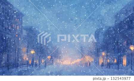 雪降る街並み 水彩風の冬の通り イラスト素材 132543977