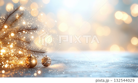 Magical Christmas holiday background with glowing tree branch, golden ornaments, and glittering bokeh lights for festive celebration Magical Christmas holiday background with glowing tree branch, golden ornaments, and glittering bokeh lights for festive celebration 132544029