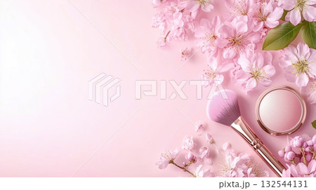 Delicate pink beauty flat lay with cherry blossoms, makeup brush, and cosmetic compact for spring Delicate pink beauty flat lay with cherry blossoms, makeup brush, and cosmetic compact for spring 132544131