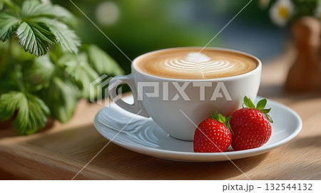 Delicious latte art coffee and fresh strawberries in a peaceful outdoor setting Delicious latte art coffee and fresh strawberries in a peaceful outdoor setting 132544132
