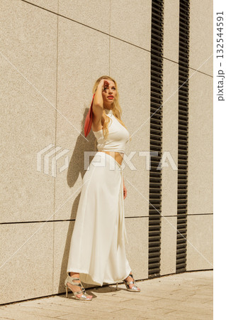 Woman wearing crop top and culottes 132544591