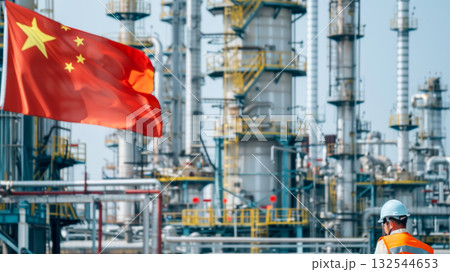 Industrial oil refinery with towering structures and pipeline under clear sky, featuring Chinese flag and worker in safety gear. Concept of energy production, industry, and China national development 132544653
