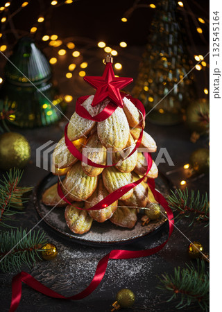 Madeleine Cookie Christmas Tree with Red Ribbon and Festive Decor 132545164