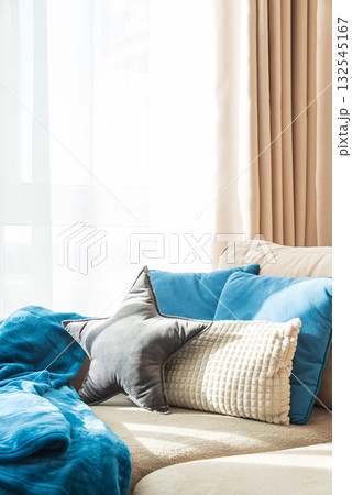 Cozy Living Room with Cushions, Star Pillow, and Blue Blanket Cozy Living Room with Cushions, Star Pillow, and Blue Blanket 132545167