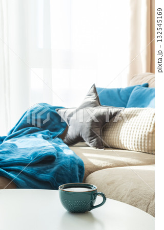 Cozy Living Room with Cushions, Star Pillow, and Blue Blanket Cozy Living Room with Cushions, Star Pillow, and Blue Blanket 132545169
