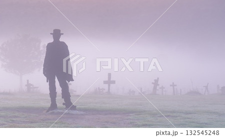 Morning fog over Sad Hill Cemetery. Tourist place in Spain. 132545248