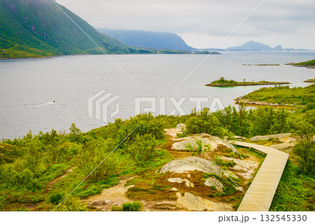 Walkway and fjord landscape, Lofoten Norway Walkway and fjord landscape, Lofoten Norway 132545330