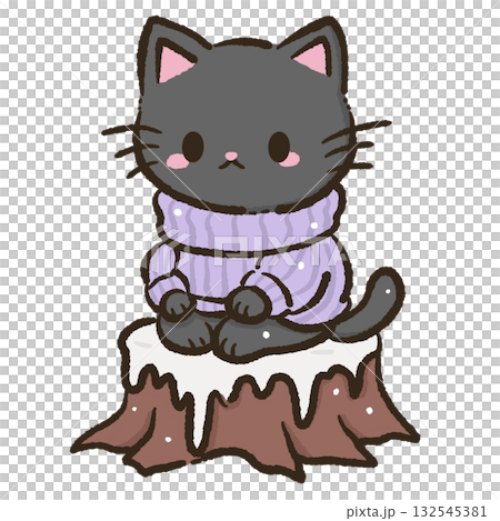 Kawaii Black Cat wearing an oversized turtleneck sweater sitting on an icy stump Christmas Holiday Cute Cat Character Art Snowy Forest Illustration for Cards Stickers Crafts Kids Room Decor   132545381